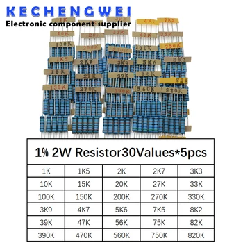 Total 150pcs 1% 2W de resistores de Filme de Metal Kit Sortido de 30Values*5pcs=150pcs (1K ohm ~820Kohm)