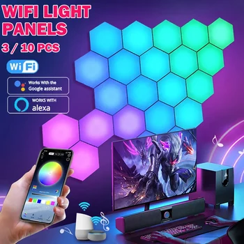 TuYa Inteligente RGBIC LED de Jogos de Luz Hexagonal Ritmo da Música Ambiente Lâmpada BT, WIFI Voz APLICATIVO Controle a Luz da Noite Decoração do Quarto