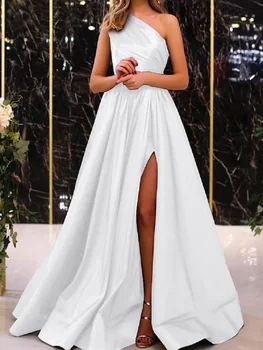 Um Ombro-Coxa-Alta Vestido de Fenda de Estilo Moderno Tornozelo Comprimento do Vestido Branco Elegante Vestido de Mulher para Festa de Casamento