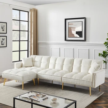 Veludo Estofado Sofá Reversível Seccionais Sofá-Cama , em Forma de L Sofá com Móveis Otomano Para Sala de estar,Creme Branco