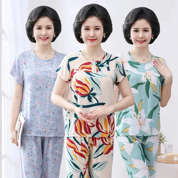Verão do Algodão de Manga Curta Pijama Conjuntos de Senhoras Mãe roupa de dormir de meia-Idade E Idosas estampa Floral Pijamas L-4XL