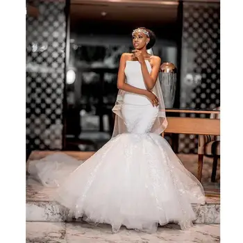 Vintage sem Alças Sereia Vestidos de Noiva sem Mangas de Vestidos de noiva África Apliques de Renda Plus Size Vestidos de Noiva