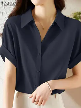 ZANZEA Moda das Mulheres de Lapela Sólido Blusa Elegante OL Trabalho Shirt de Verão de Manga Curta com Botões Até Blusas Causal bancadas do Partido Túnica